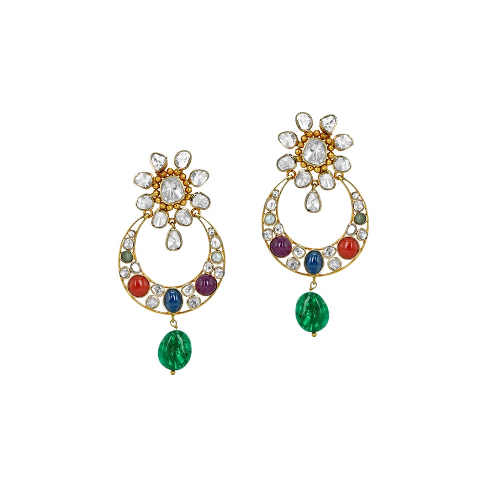Navaratan Chandbali Earrings with Polkis and Emerald Drops